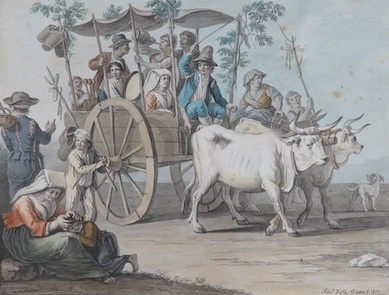 Saverio Xavier Della Gatta (Italian, 1777-1829), watercolour, A scene of revelry, with figures in a cart pulled by oxen, signed, dated 1815, 19.5 x 25cm. Condition - fair, foxing to right hand side of image